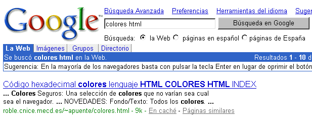 Resultados Google búsqueda Colores html